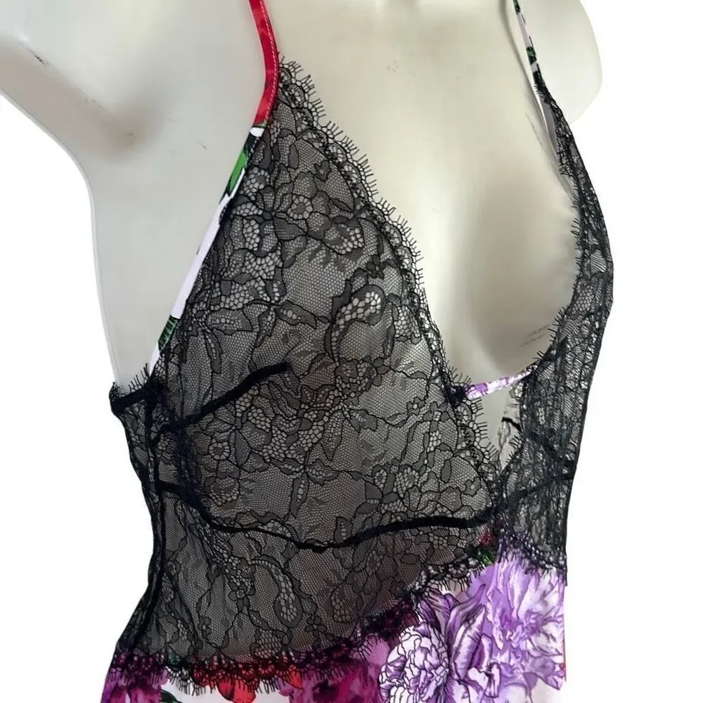 Victoria’s Secret Lace and Floral Cross Back Sheer Top Nightgown Camisole Size L